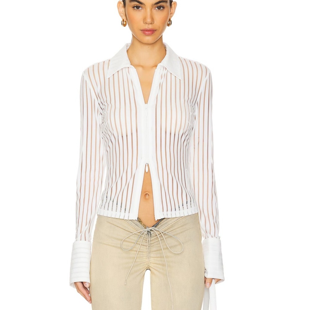 I.AM.GIA Jane Zip Up Shirt Women Medium White Sheer Striped Long Sleeve Cuffs